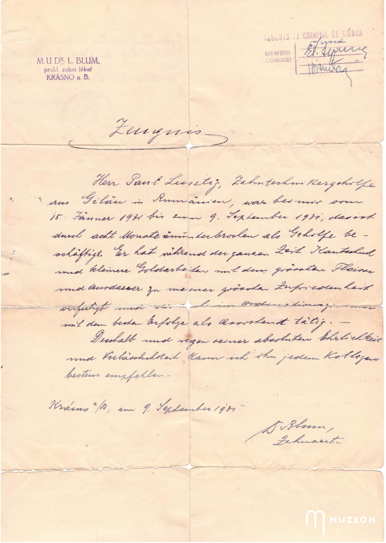 Imaginea conține o scrisoare de recomandare pentru Paul Lusztig din Cehoslovacia.