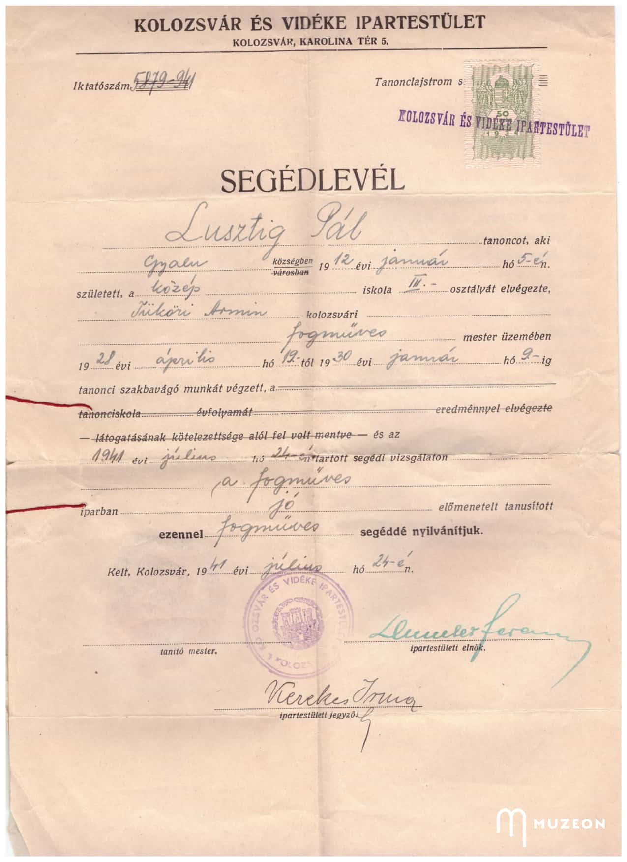 Imagine prezintă diploma de dentist a lui Pál Lusztig, în maghiară.