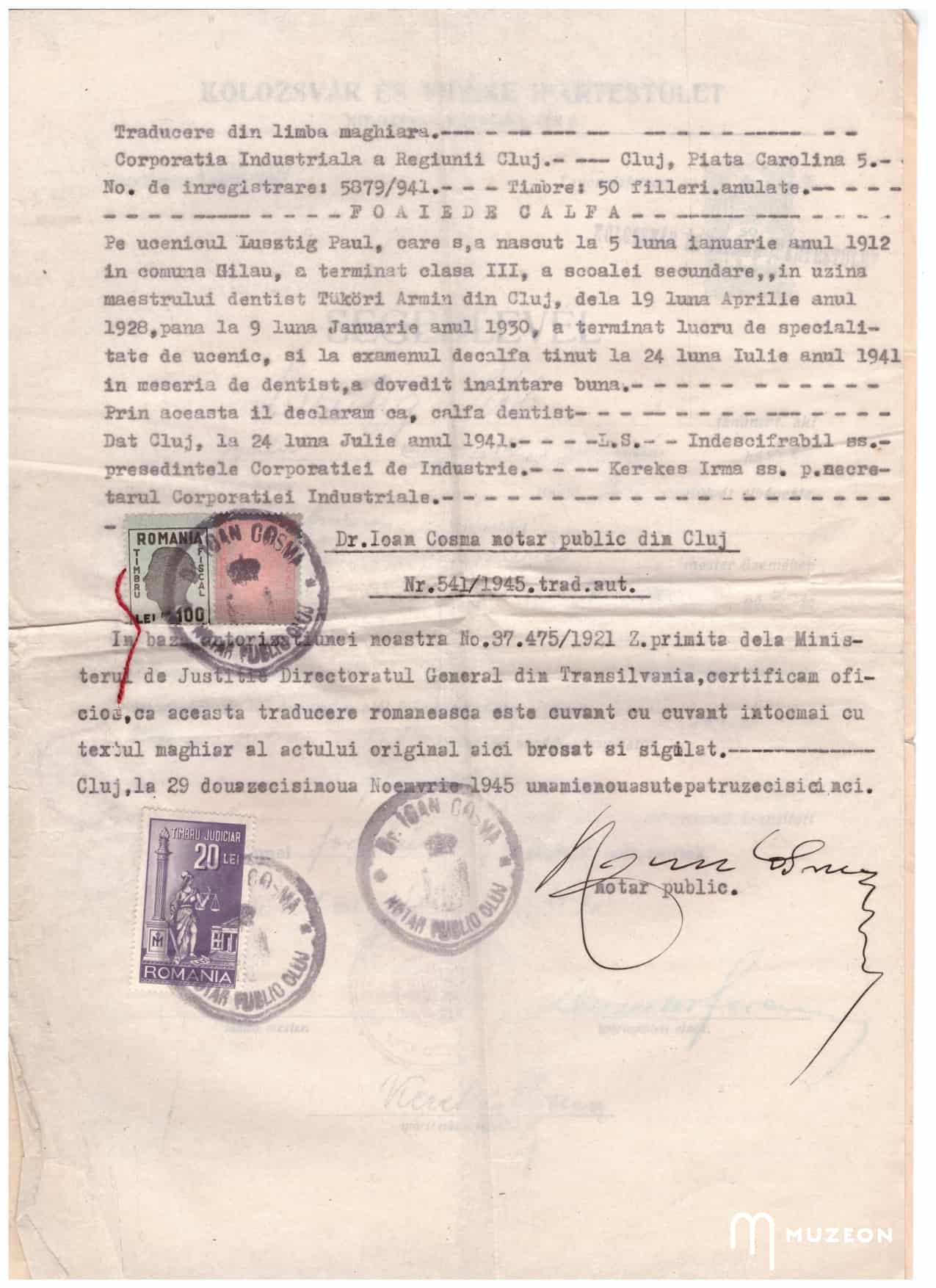 Imaginea prezintă diploma de dentist a lui Pál Lusztig, în română.