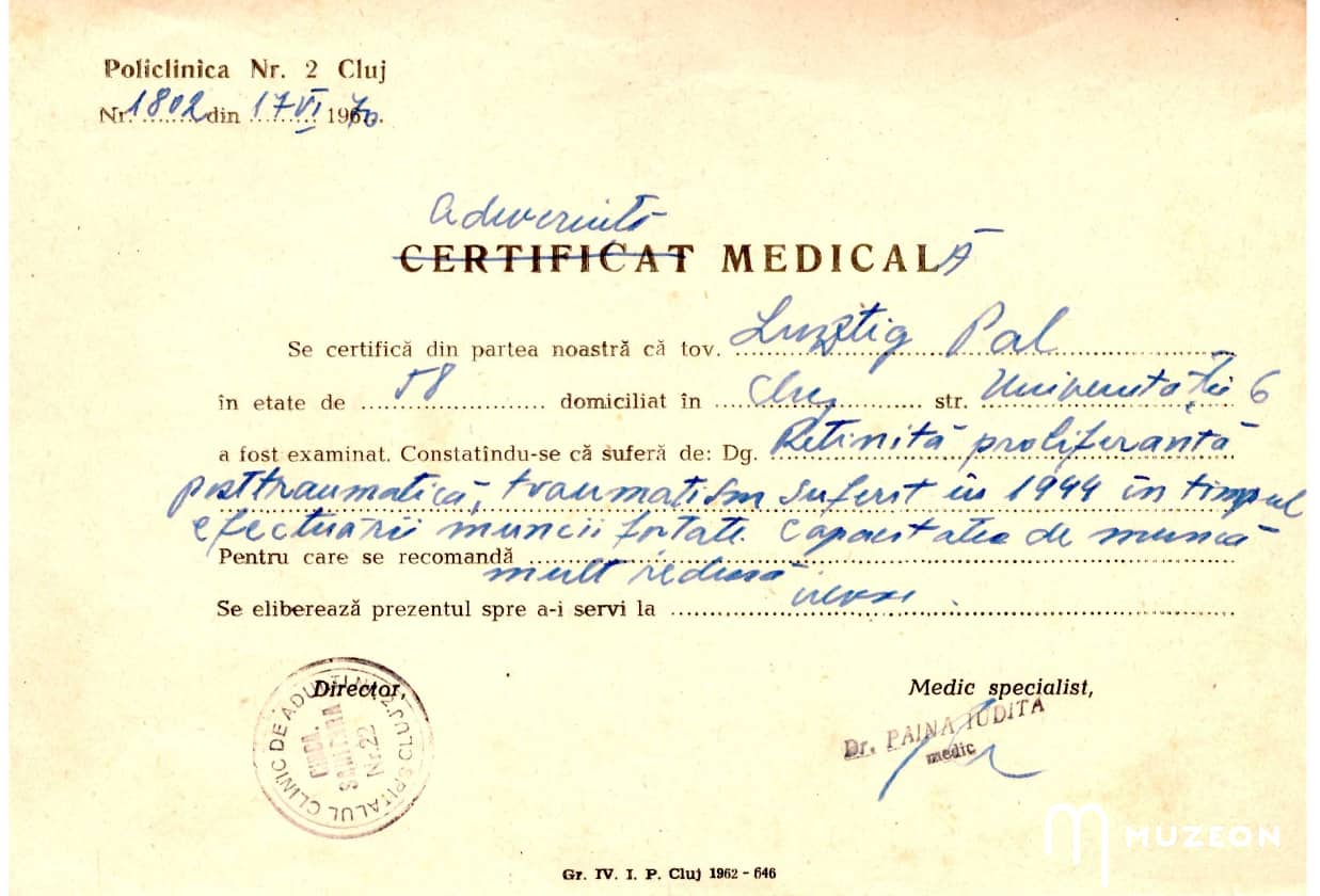 Imaginea conține adeverința medicală al lui Paul Lusztig.