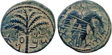 Imaginea prezintă o monedă de bronz emisă în timpul revoltei lui Bar Kokhba, descoperită la Pojejena, județul Caraș-Severin. Pe aversul monedei este ilustrat un palmier cu șapte ramuri: trei laterale și una în vârf. La baza ramurilor, de-o parte și de alta a tulpinii, se află