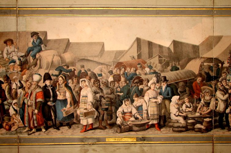 Imaginea conține o litografie despre un târg din Transilvania la începutul secolului XIX, Lanzedelly Joseph.