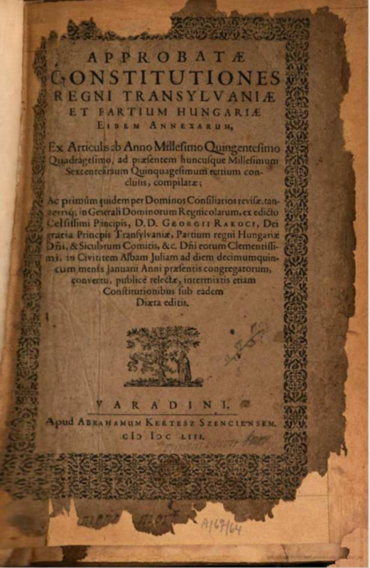 Această imagine prezintă documentul lui G. Rákóczi: Constituții aprobate, Claudiopoli(s), 1653.